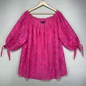 Colleen Lopez‎ Blouse Womens 3X Pink Floral Flowy Feminine Puff Sleeve
